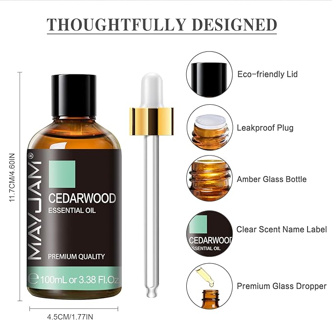 Cedarwood Essential Oil 100ML/3.38FL.OZ, MAYJAM Premium Grade Cedarwood Oil Essential Oils with Glass Dropper, Great for Aromatherapy Diffuser and DIY Soap Making