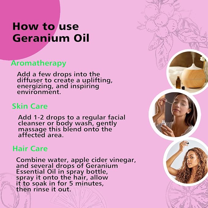 GM Gumili Geranium Essential Oil 10ml, 100% Pure Geranium Oil for Diffuser, Skin, Hair, Face, Soap & Candle Making, Aromatherapy & Massage