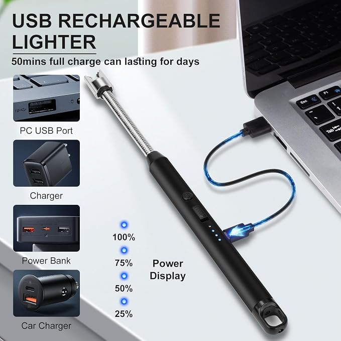 LcFun 2 Pack Candle Lighter Windproof USB C Rechargeable Electric Lighters with 360° Flexible Neck & Safety Lock, Windproof Flameless Lighters Long Stem Matches for Candle, Grill, BBQ, Gas Stoves