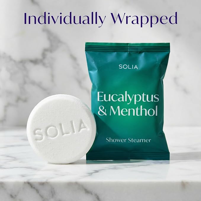 Solia Congestion Eucalyptus & Menthol Natural Shower Steamers - Patent-Pending - Real Essential Oil Menthol Tablets, Spa Steamers Aromatherapy, 15-Pack