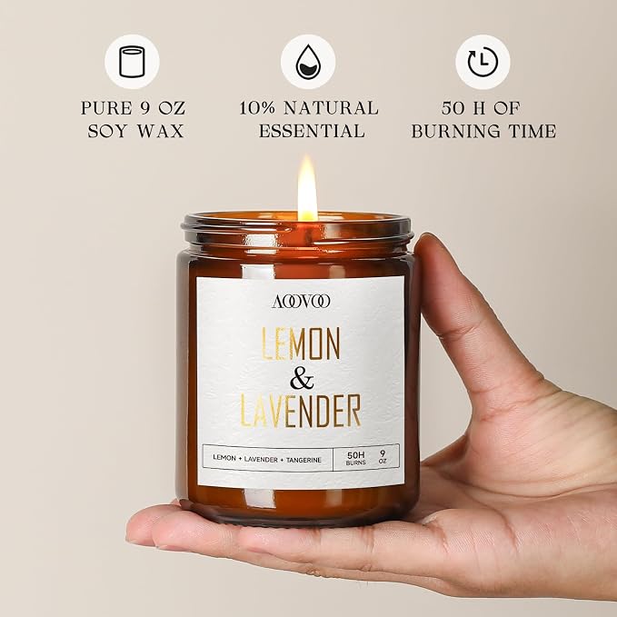 AOOVOO Lemon Lavender Scented Candle - Lavender Candle, Scented Candles, Soy Aromatherapy Candle, Soy Wax Candle, 9oz