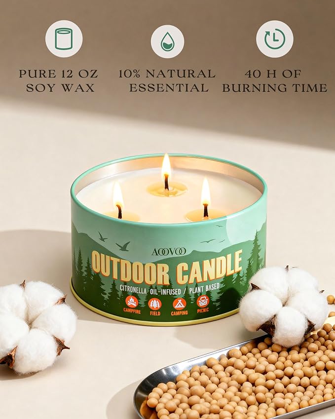 AOOVOO 2 Pack Citronella Candles Outdoor - 3 Wick 24oz Large Camping Candle, Natural Essential Oil Soy Wax Non Toxic, Strong Scented Candles for Outside Backyard Garden Picnic