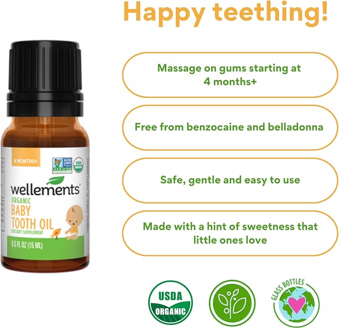 Wellements Organic Baby Tooth Oil | Soothing Massage Oil for Tiny Gums, Helps Make Teething Happy, Made with Safe and Effective Certified Organic Ingredients | 0.5 Fl Oz. 4 Months +