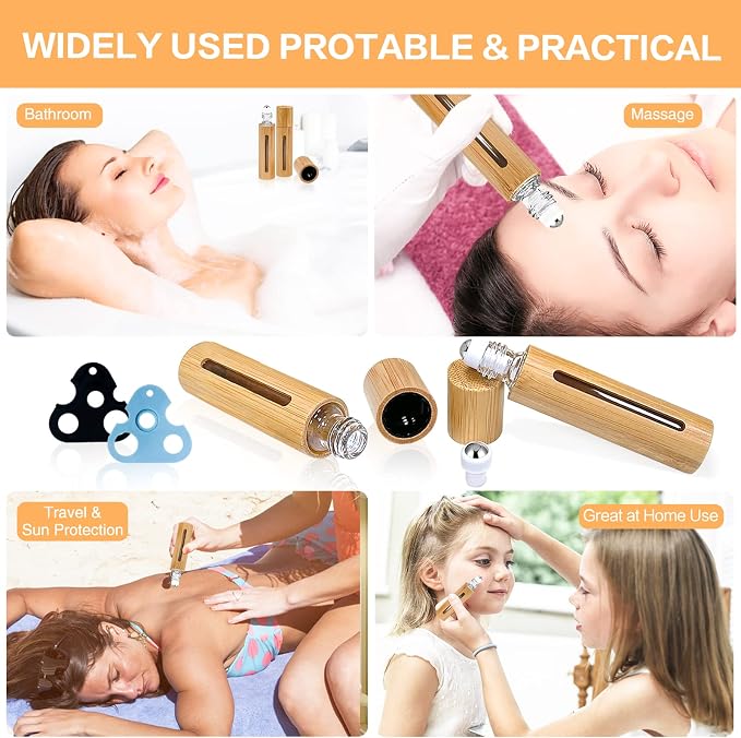 KALYLOC 12Pcs 10ml Bamboo Roll on Bottles for Essential Oils, Refillable Perfume Sample With Stainless Steel Roller, 2Pcs Openers and 2Pcs 3ml Funnels