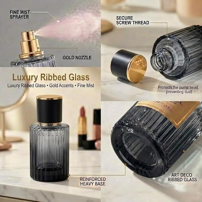 Empty Perfume Spray Bottles Set, Ribbed Glass Atomizer Refillable Portable Glass Atomizers with Funnel and Dropper, Fine Mist Spray for Women Men Dispenser Fragrance Container Set (6Pcs, Black)
