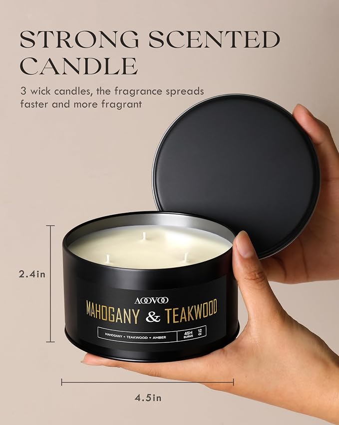 AOOVOO 2 Pack Mahogany Teakwood Candles for Men - 3 Wick 24oz Large Scented Candle, Long Lasting Soy Candles for Home Scented, Strong Fragranced Masculine Black Candle Gift for Women & Men