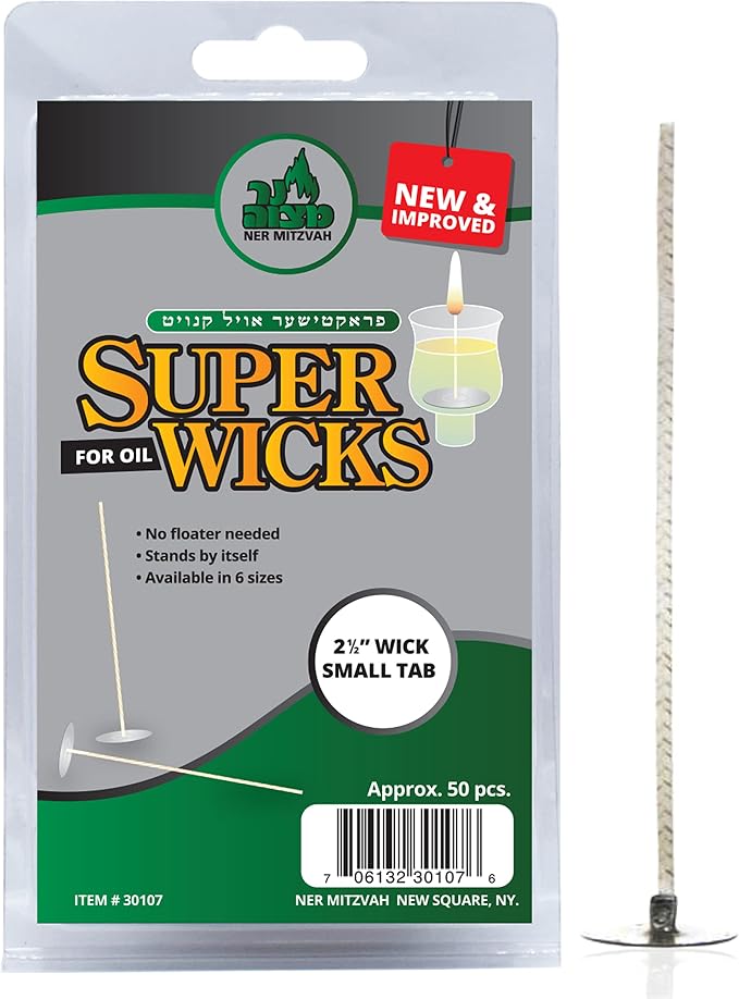 Ner Mitzvah Self Standing Cotton Wicks for Glass Oil Cup, Small Tabs, 2.5 inch Wicks, No Floater Needed, for Candle Lighting, Multipurpose (Pack of 50)