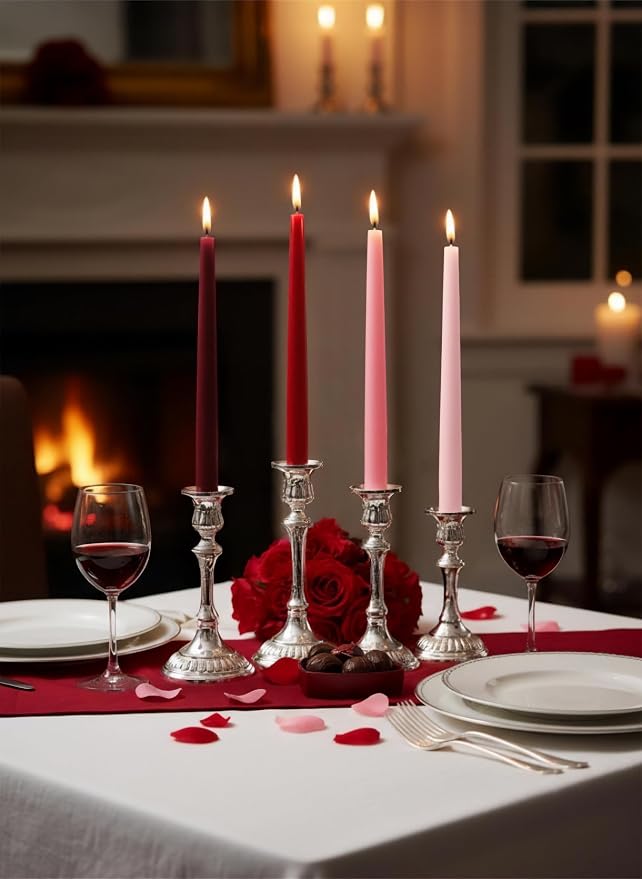 10" Classic Taper Candles, Red & Pink Shades, 4-Pack, 7-8 Hours Long Burning, Unscented Tall Candlesticks