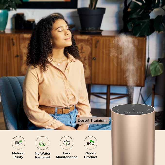 Waterless Essential Oil Diffuser Starter Kit with 30mL Santal Lux Fragrance Oil Inspired by Luxury Hotel Scent for Home Car Office, Aroma Air Diffuser, Baterry Operated, ADX-Kit Metal Desert Titanium
