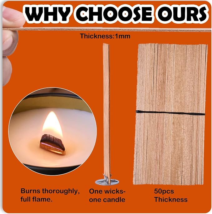 200pcs Thickened Wooden Candle Wicks Kit for Candle Making – Natural Smokeless Crackling Include 100pcs Wood Wicks with 100pcs Metal Bases, DIY Soy Wax Supplies