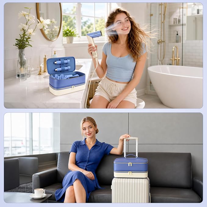 Travel Hair Dryer Case for Shark Glam, Portable Hair Tools Bag for Shark FlexFusion, Double-Layer Carrying Case for FlexStyle Blow Dryer, Silki & Glossi Attachment Holder (Periwinkle&Buttercream)