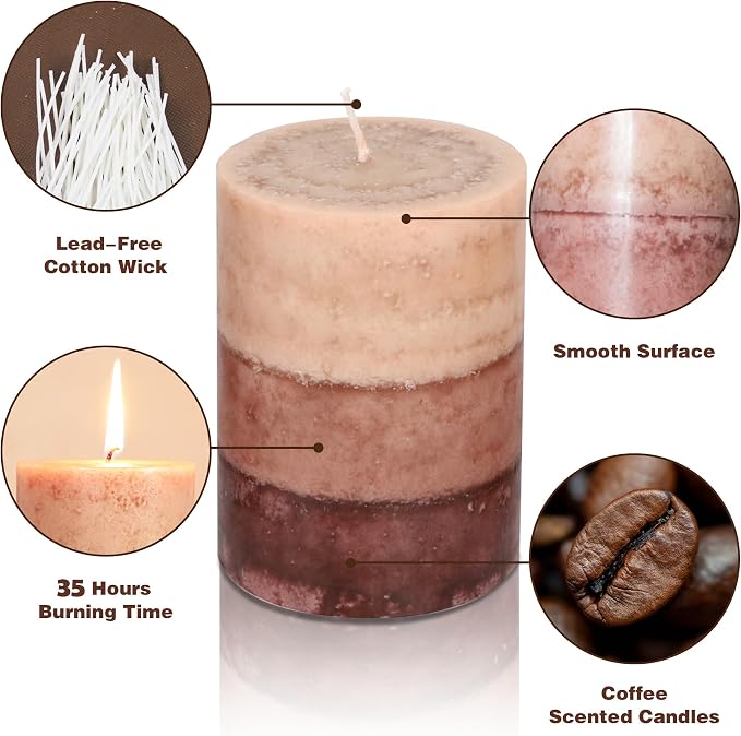 Coffee Pillar Candles, Aromatherapy Scented Candles, 35+ Hours Burn Long Lasting, Set of 3 Tall 3x4 Inch Dripless Pillar Candle, for Wedding and Home Décor