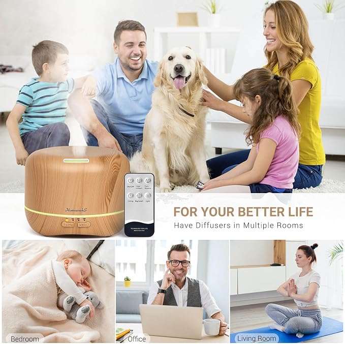 Homeweeks 300ml Essential Oil Diffuser, Quiet Aromatherapy Mist Diffusers for Essential Oils, Wood Grain, Ultrasonic, Remote Control, Timer, 7 Colors Light for Bedroom (300ml Yellow Wood Grain)