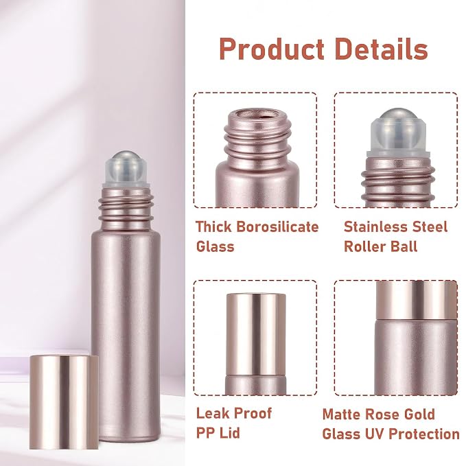 8Pcs 10ml Essential Oil Roller Bottles, 1/3 oz Refillable Roll On Vials with Funnels, Small Glass Containers with Stainless Steel Ball for Perfumes Aromatherapy Liquid, Matte Rose Gold