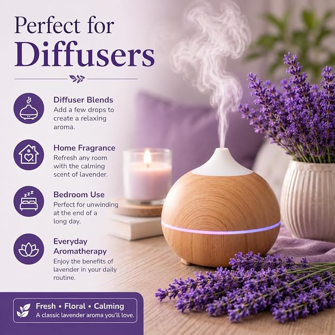 GreenHealth Lavender Essential Oil – 16 fl oz (473 ml) Amber Glass Bottle – 100% Pure & Uncut – Bulk Lavender Oil for Diffuser, Aromatherapy, Soap Making, Candles & DIY