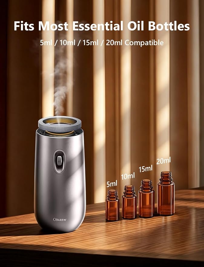 Waterless Essential Oil Diffuser with 20ml Oil, Battery Operated, Portable | Oil-Saving Design | Smart Memory | Aluminum | 3 Mist Levels | 3 Ambient Light Modes | Ultra Quiet | for Home Office Car