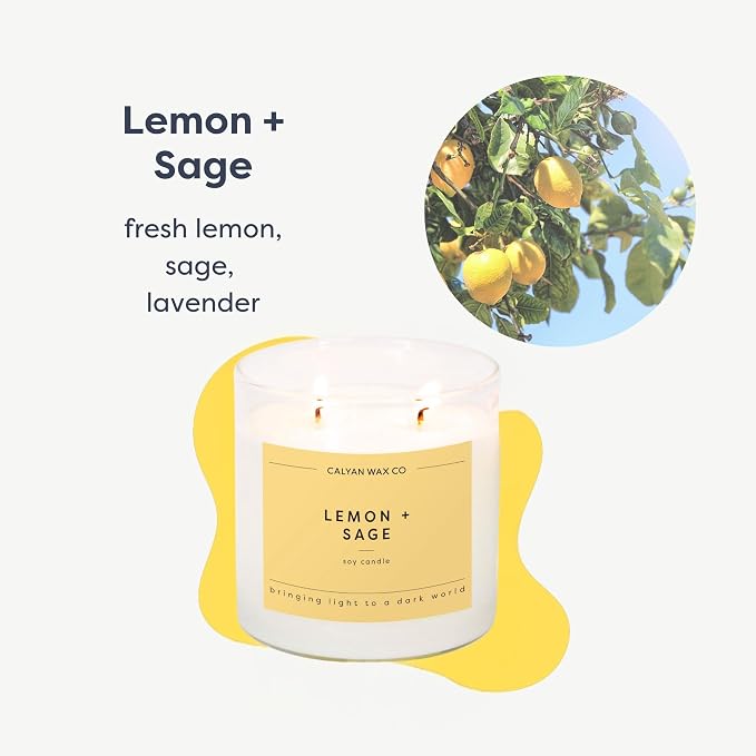Calyan Wax Co. Lemon & Sage 2 Wick Scented Candle - 37 Hour Burn - Luxury Clean Soy Wax Candles - Long Lasting Large Glass Jar Candle for Home - 8.8oz
