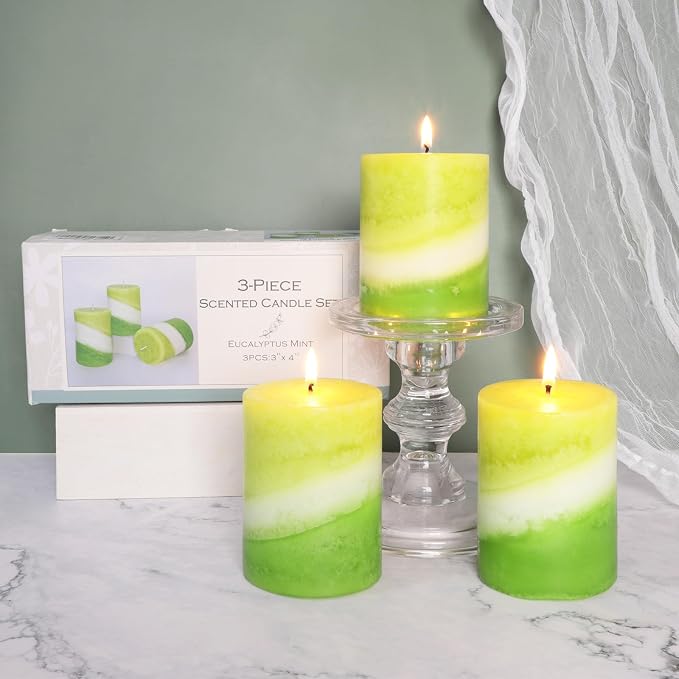 Crystal Club Eucalyptus Mint Scented Candles, 3x4 Inch Green Pillar Candle, Long Burning 40+ Hours, Aromatherapy Candle for Home Decor & Tabletop Centerpiece
