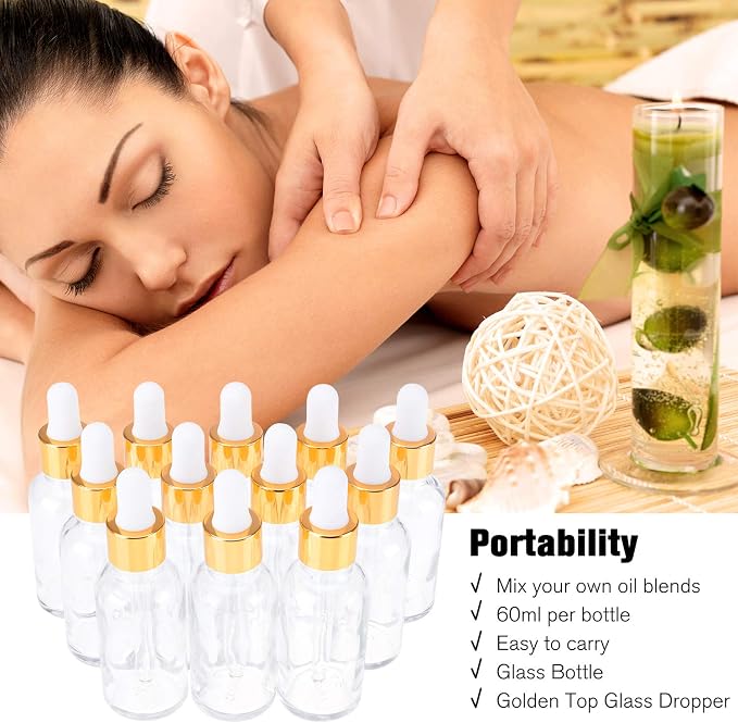 PrettyCare Glass Eye Dropper Bottles 2oz (60ml), 12 Pcs Clear Empty Thick Bottles Bulk with Leakproof Golden Caps - With Labels & Funnels for for Storage, Travel,Essential Oils, DIY Serums, Tincture