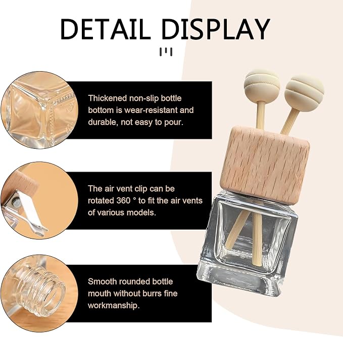 2PCS Car Air Diffuser Bottle Vent Clips, Refillable Empty Auto Essential Oil Glass Diffuser Bottle, Air Outlet Clip with Wooden Cap and Stick, Universal Car Interior Decor for Most Vehicles