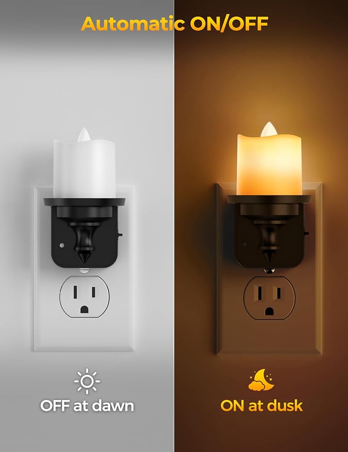 Briignite Flameless Candle Night Lights, Amber Plug-in 2 Pack, LED Candle with Light Sensor, 0-100LM Dimmable, Kids Hallway Bathroom Nightlight