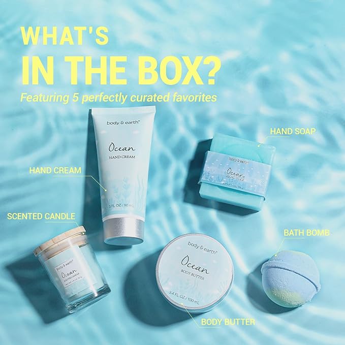 Gifts for Women, Bath and Body Womens Gift Sets with 5 Pcs Ocean Scented Spa Gifts for Women Bath Gift with Scented Candle Body Butter Hand Cream Bath Bomb Mothers Day Gifts