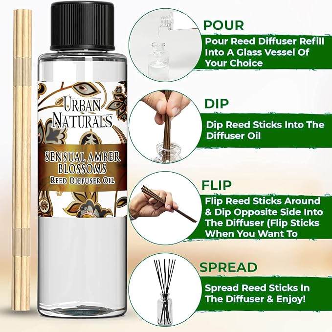 Urban Naturals Reed Diffuser Oil Refill, Sensual Amber Blossoms Fragrance Oil with Jasmine, Amber, Vanilla, 4 oz + Free Reed Sticks, Made in the USA
