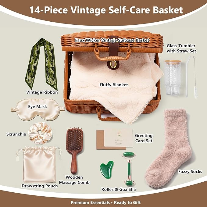 14-Piece Vintage Birthday Gift for Women, Relaxing Spa Care Package with Blanket, Glass Tumbler, Self-Care Gift Basket for Women, Wife, Sister, Best Friend