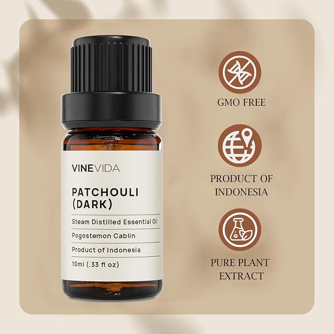 VINEVIDA Patchouli Essential Oil 10 mL - Undiluted Patchouli Oil - DIY Candle Scents for Candlemaking - 10 mL Essential Oil for Soap Making Safe for Skin (4OZV-OBP-PAT-30P-10ML)