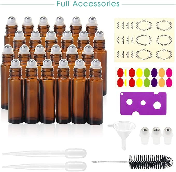 Mavogel 24 Pack 10ml Roller Bottles for Essential Oils, Amber Glass with Stainless Steel Roller Balls, Roller Bottles with Caps for Travel, Perfume and Lip Gloss