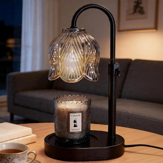 Candle Warmer Lamp with Adjustable Height - Flameless 4-Level Dimmable Wax Warmer, Timer Function & Stylish Design in Multiple Colors (Black07)