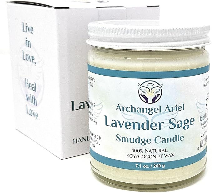 Heal The Masses Lavender Sage Candle - Archangel Ariel Candle for Chakra Healing & Energy Cleansing - Reiki Charged White Sage for Home (7 oz)