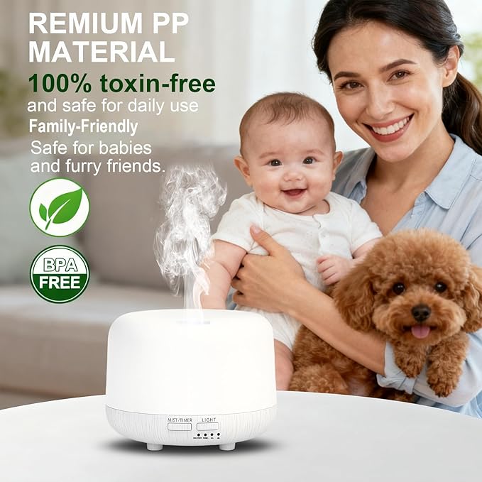 Marchred Aromatherapy Diffuser, 300ML Remote Control Essential Oil Diffusers, White Wood Grain Humidifier with 8 Colors Light 4 Timer Mode, Ultrasonic Scent Diffuser for Home, Office