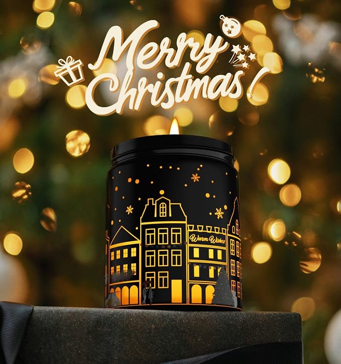 Merry Christmas Candles with Warmer LED, Christmas Decor Gifts Winter Candle with Apple Spice Scent, Apple Candles Over 40 Hours Burn Time, Home Decorations Indoor, 100% Soy Wax,Black