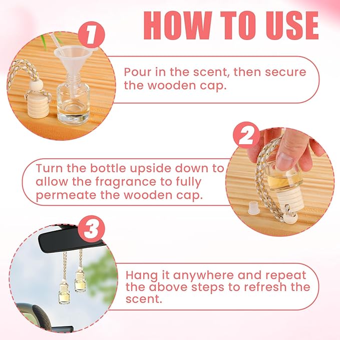 120 Pcs Car Diffuser Bottle Set with Wooden Caps,Dropper and Funnel, Empty Glass Car Air Freshener Bottle Bulk Hanging Essential Oil Fragrance Pendants for Car Decor，Can DIY Car Air Freshners Diffuser