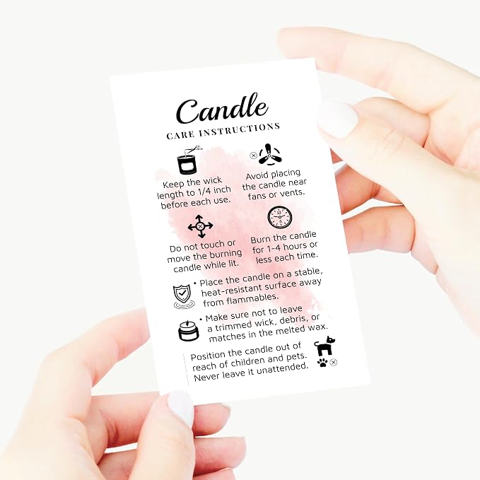 100 pack - Premium Handmade Candle Care Instruction Cards Pink White 2x3.5 in, Small Business | Soy Bees Wax Melt, Candle Makers, Making Supplies Kit Set, Containers, Jars, Package