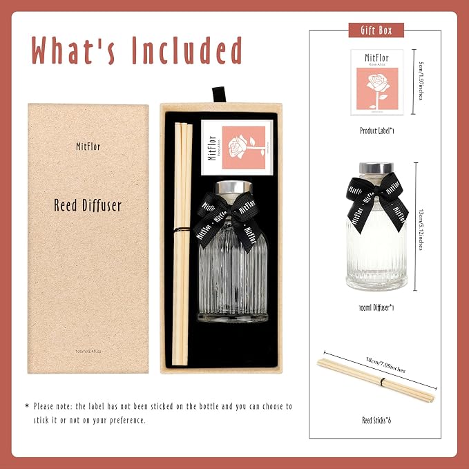 Reed Diffuser, MitFlor Rose Atlas Fragrance Diffuser Set with Natural Rattan Sticks, Romantic Floral Scent Diffuser for Living Room, Bedroom, Bathroom, Office and More, 3.4 fl oz