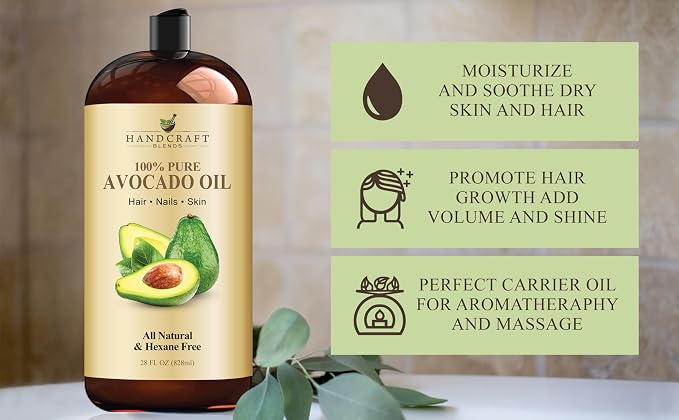 Handcraft Blends Avocado Oil - Cold-Pressed 28 Fl Oz - 100% Pure and Natural - Premium Grade Carrier Oil for Skin and Hair - Hair and Body - Massage - Hexane-Free