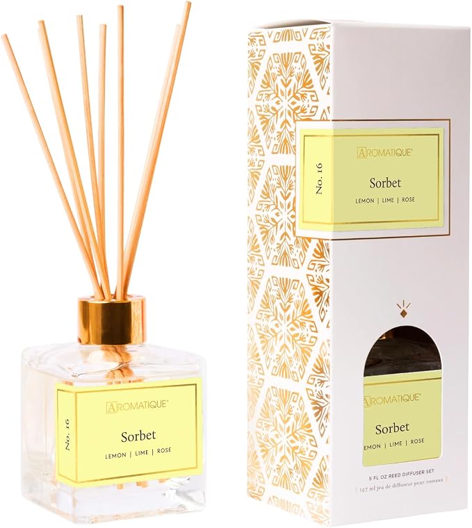 Aromatique Reed Diffuser Set - Sorbet Notes of Lemon, Grapefruit, Lime, Ginger, Musk Aromatherapy Scented Air Freshener Deodorizer Oil Floral Home Fragrance Living Room Home Decor Gifts
