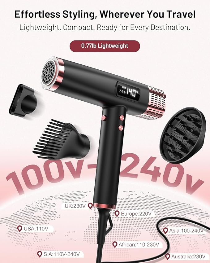 MESCOMB Travel Hair Dryer with Diffuser, 1875W Dual Voltage Ionic - Fast Drying & Frizz Control for Thick/Curly Hair, Lightweight Low Noise for Hotels/Apartments/Home Use, (110-240V),Black