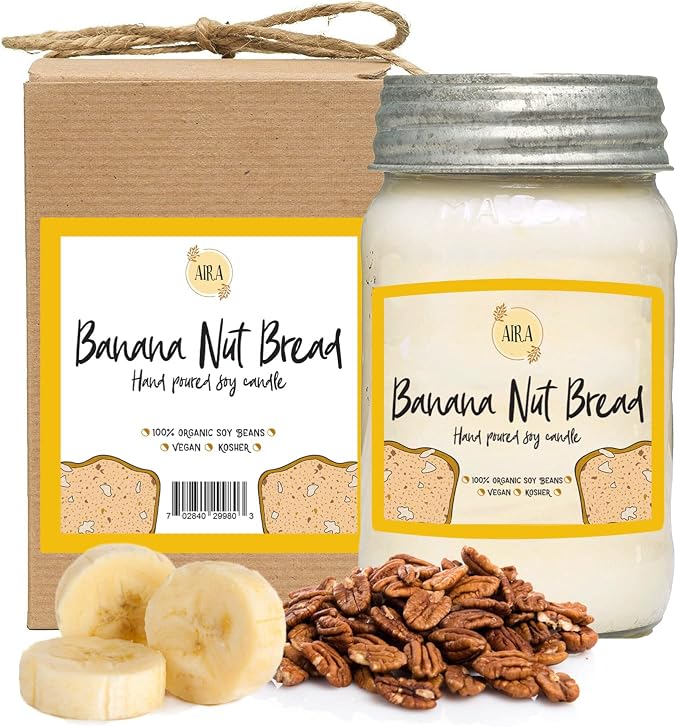 Aira Soy Candles - Organic, Kosher, Vegan, in Mason Jar w/Therapeutic Grade Essential Oil Blends - Hand-Poured 100% Soy Candle Wax - Paraffin Free, Burns 110+ Hours - Banana Nut Bread -16 Ounces
