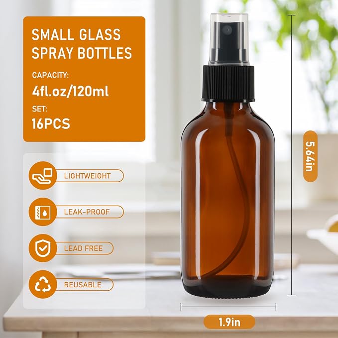 Jaisie.W 4 oz Glass Spray Bottles with Fine Mist Sprayer 16 Pack - Amber Refillable Empty Containers for Essential Oils, Perfumes, Toner, Hair, Skin Care, Plants, Cleaning Solutions & Travel