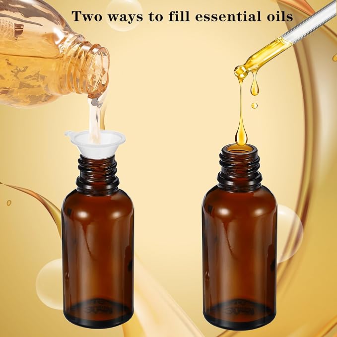 30ML Roller Bottles for Essential Oil, 4 Pack Empty Amber Glass Roller Bottle for Perfume Oil, Roll on Bottles with Stainless Steel Roller Balls, Opener, Funnel and Dropper