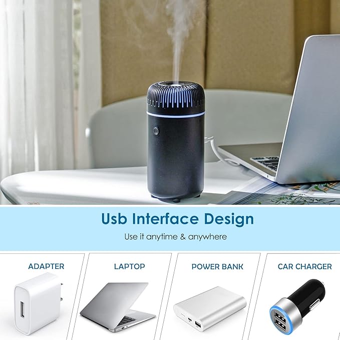 Car Diffuser Humidifier USB Aromatherapy Essential Oil Air Freshener USB Cool Mist Mini Portable Diffuser for Car Home Office Bedroom (Black)