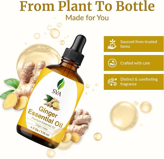 SVA Ginger Essential Oil – 4 Fl Oz – 100% Natural Ginger Oil - for Diffuser, Hair Care, Face, Skin Care, Aromatherapy, Scalp and Body Massage, Soap and Candle Making – with Dropper