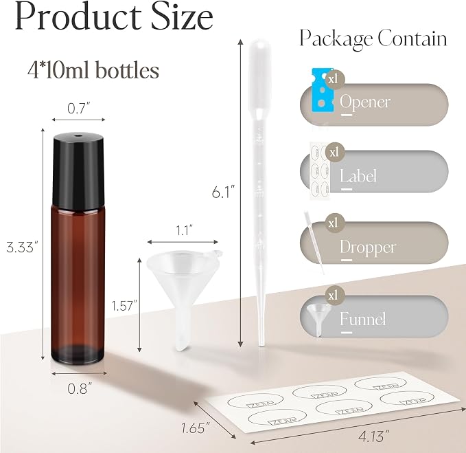 10ml Roller Bottles for Essential Oils, 4 Pack Glass Roll on Bottles, Refillable Perfume Bottle, with Stainless Steel Roller Balls, 2 Droppers, 1 Opener, Labels (Amber)