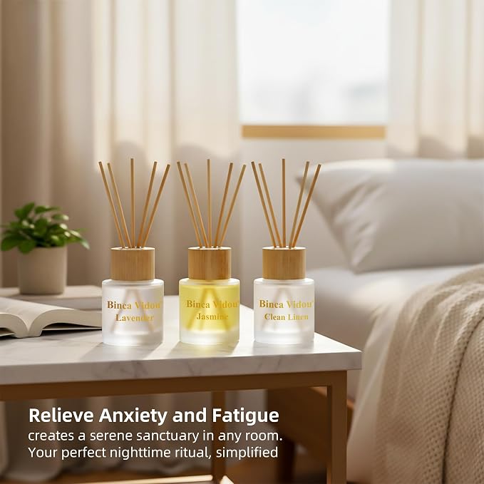 Reed Diffuser Set of 3, Binca Vidou Natural Scent Oil Diffusers with Sticks for Home Office Bathroom Aromatherapy Decor 1.69oz x 3(Lavender, Linen & Jasmine)