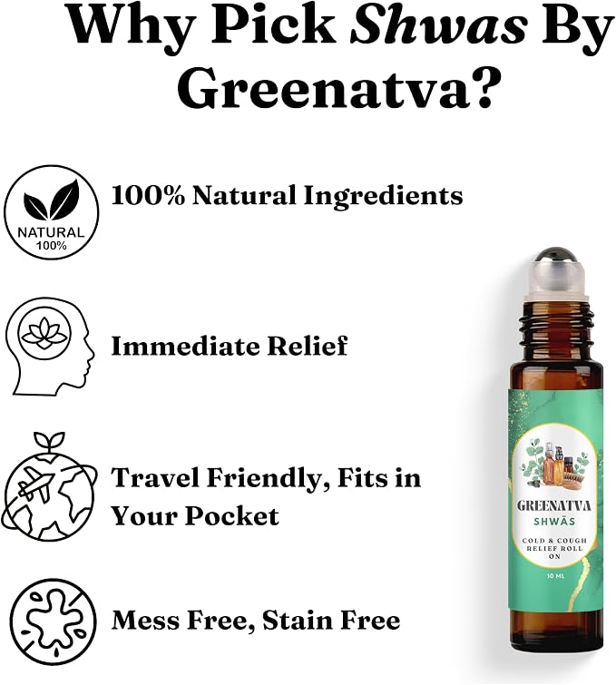Shwas Cold Sore Throat Relief Roll On Essential Oil for Cough & Congestion, Eucalyptus, Peppermint Frankincense Essential Oil Blend for Breathing Comfort, Adults & Kids 10ml / 0.33 fl oz