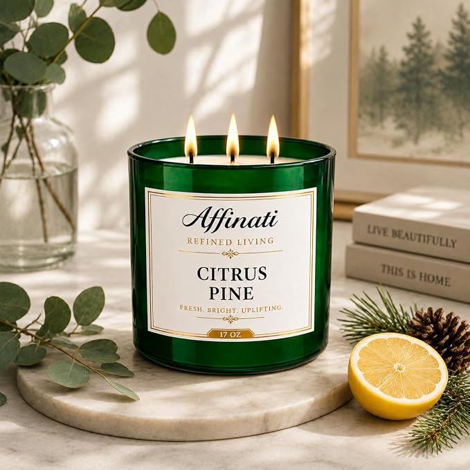Affinati Citrus Pine 3 Wick Scented Candle – Large Soy Blend Candle, Strong Scent Throw Bright Zesty Evergreen Winter Candles, Premium Clean Burning Room Odor Eliminator