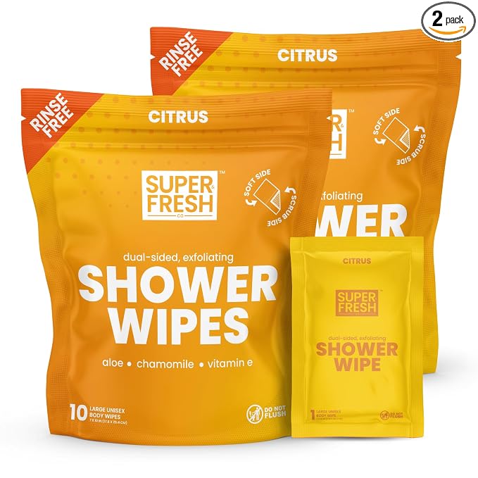 Super Fresh Shower Body Wipes, Travel Essentials for Camping, Large Citrus Wipes for Adults, Women, Men, Kids Personal Hygiene Cloth Enriched with Aloe and Vitamin E, Individually Wrapped 20 Pack